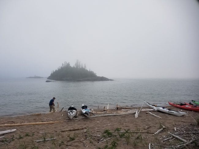 Getting ready to paddle on a foggy morning on Lake Superior.